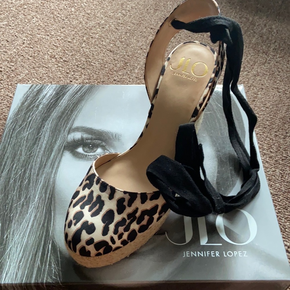 J Lo espadrilles in leopard with tie up ankle.